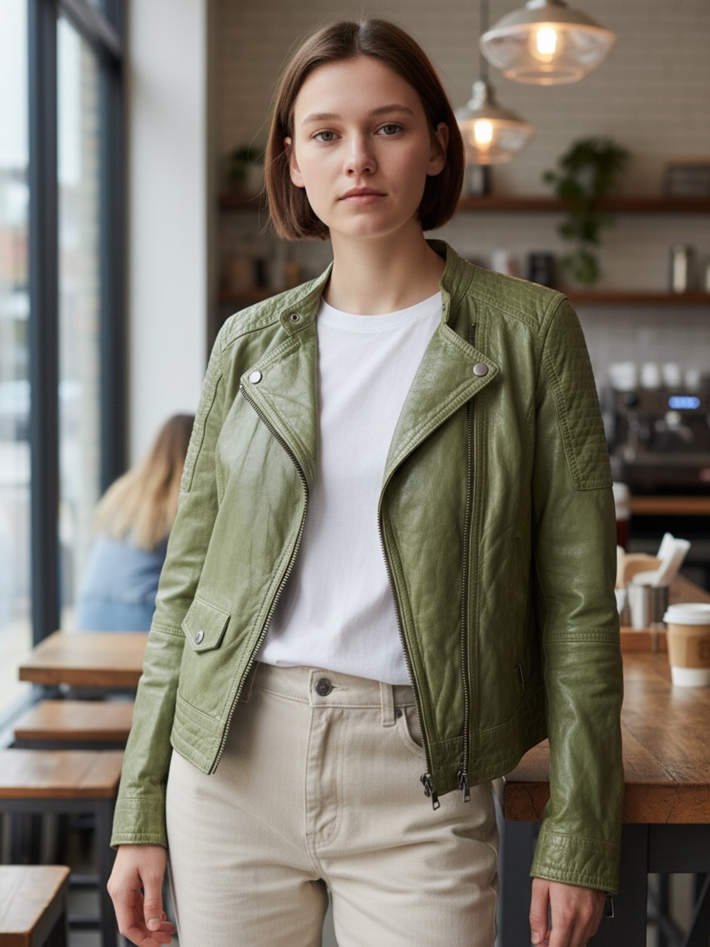 Danier Olive Green Leather Moto Jacket